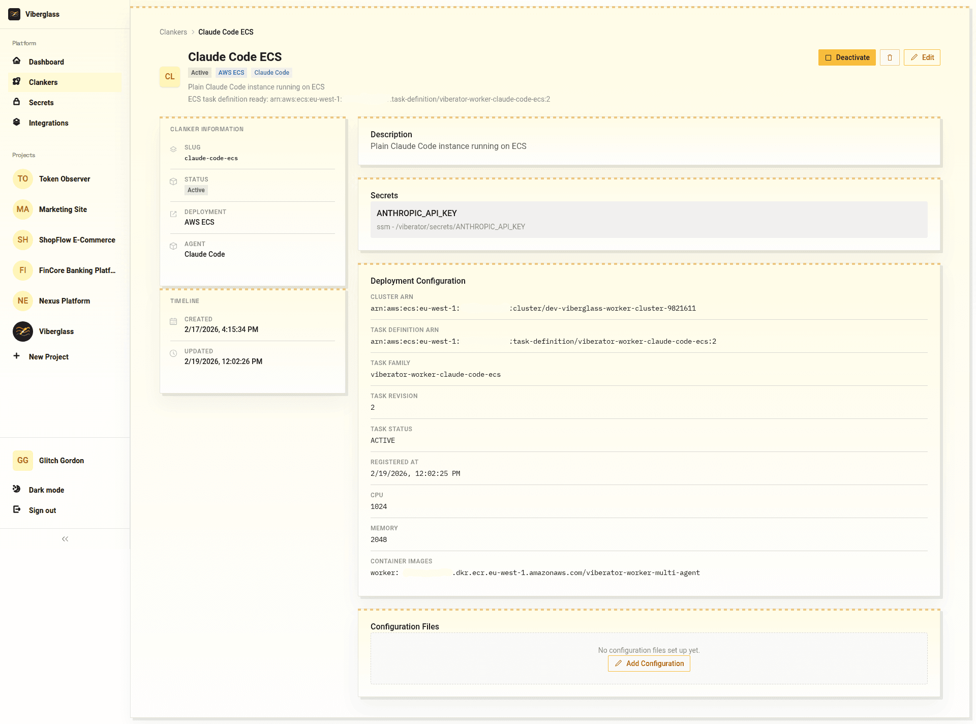 Clanker detail page showing deployment configuration, health status, secrets, and runtime settings