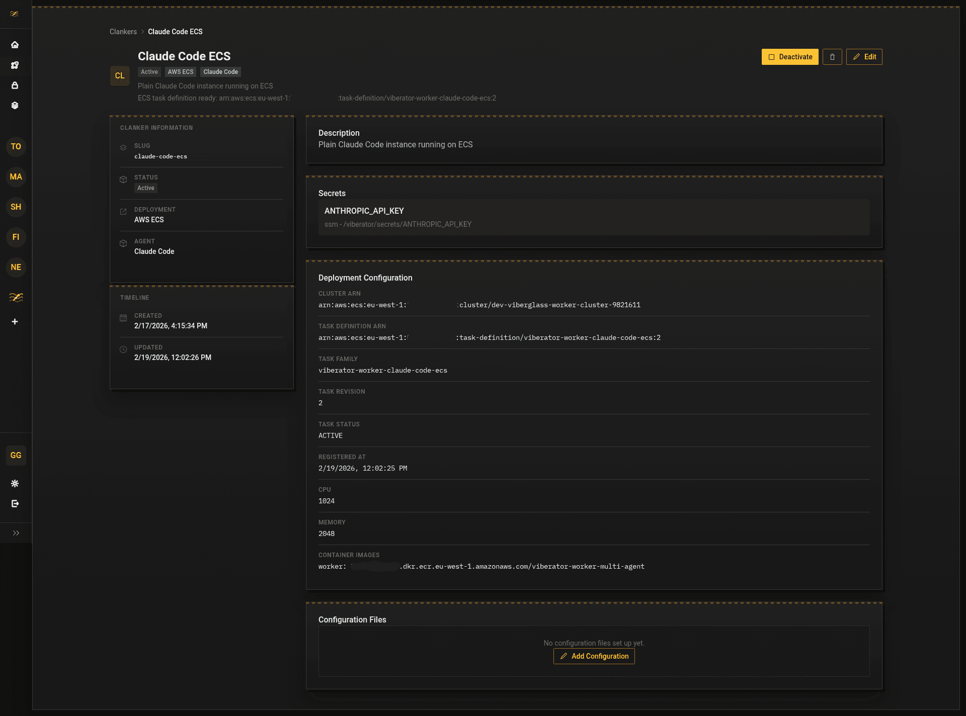 Clanker detail page showing deployment configuration, health status, secrets, and runtime settings