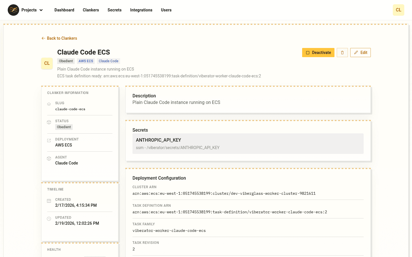 Clanker detail page showing deployment configuration, health status, secrets, and runtime settings