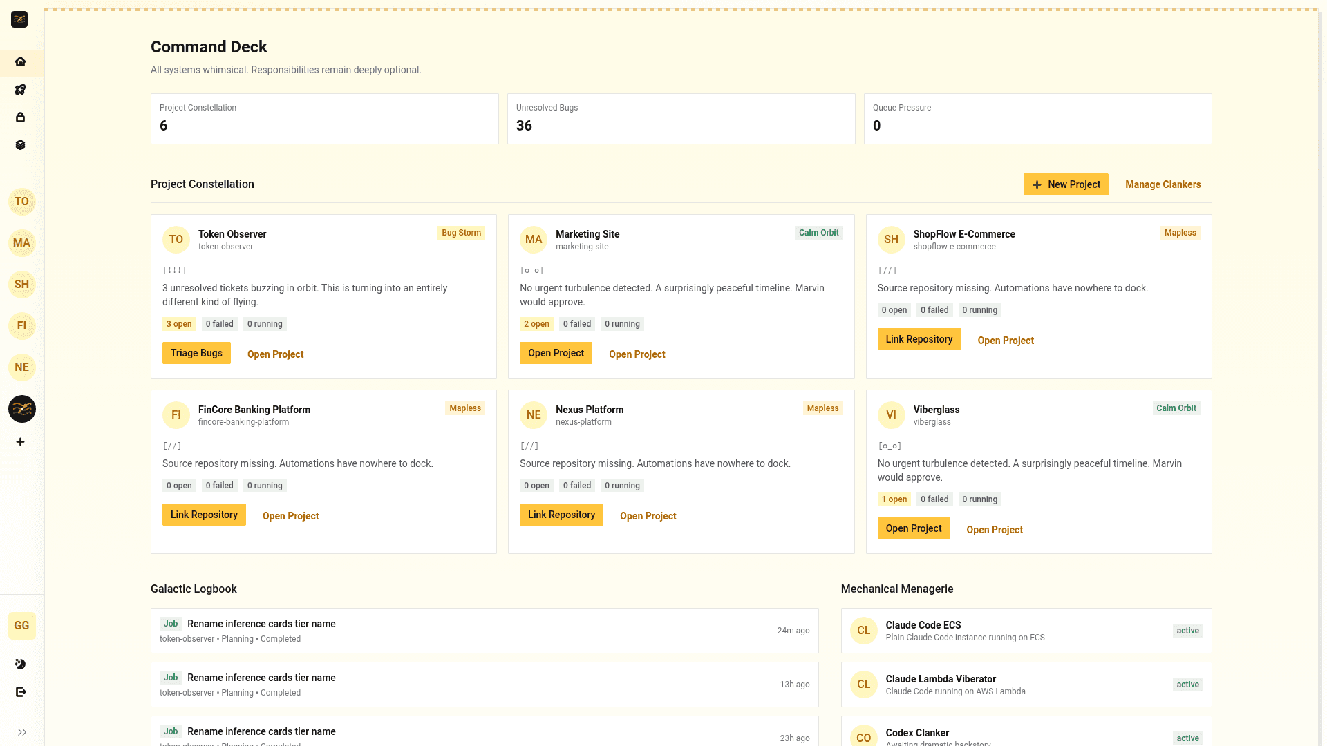 Viberglass dashboard showing projects, clankers, and recent activity