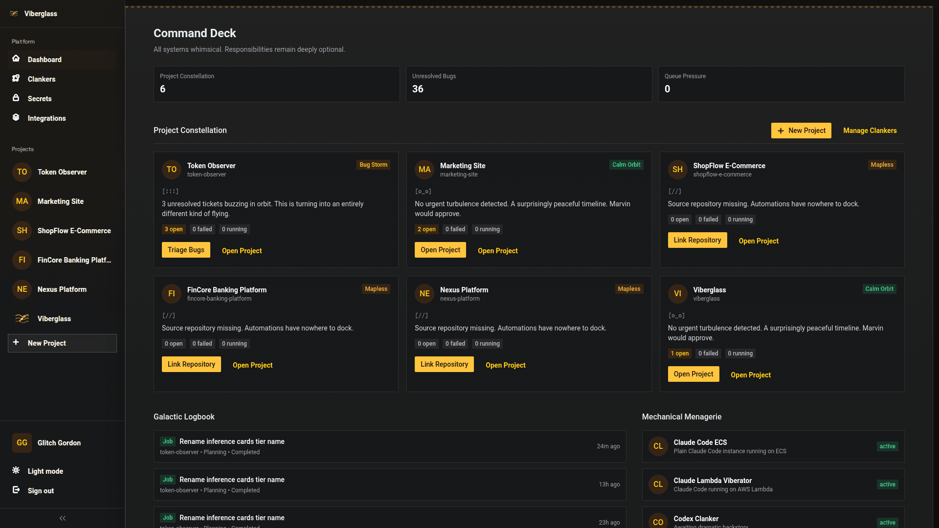 Viberglass dashboard showing projects, clankers, and recent activity
