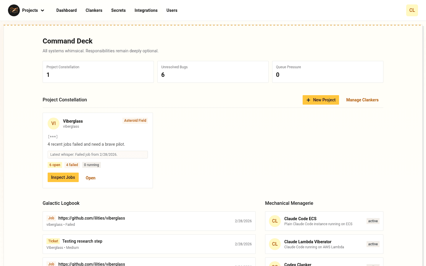 Viberglass dashboard showing projects, clankers, and recent activity