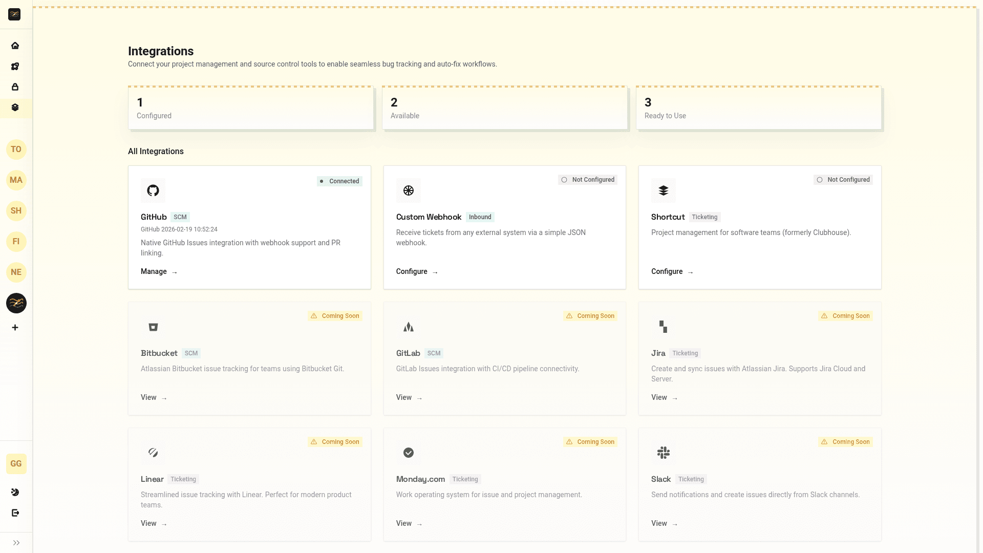 Integrations settings showing GitHub, Shortcut, Jira, Linear, GitLab and more