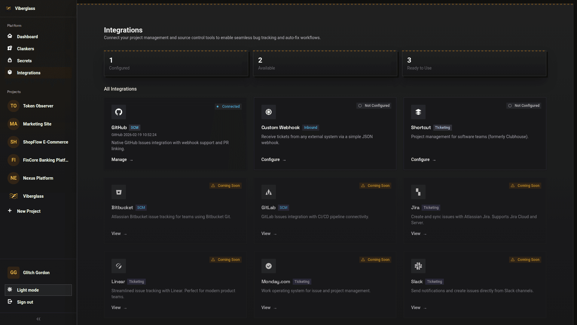 Integrations settings showing GitHub, Shortcut, Jira, Linear, GitLab and more
