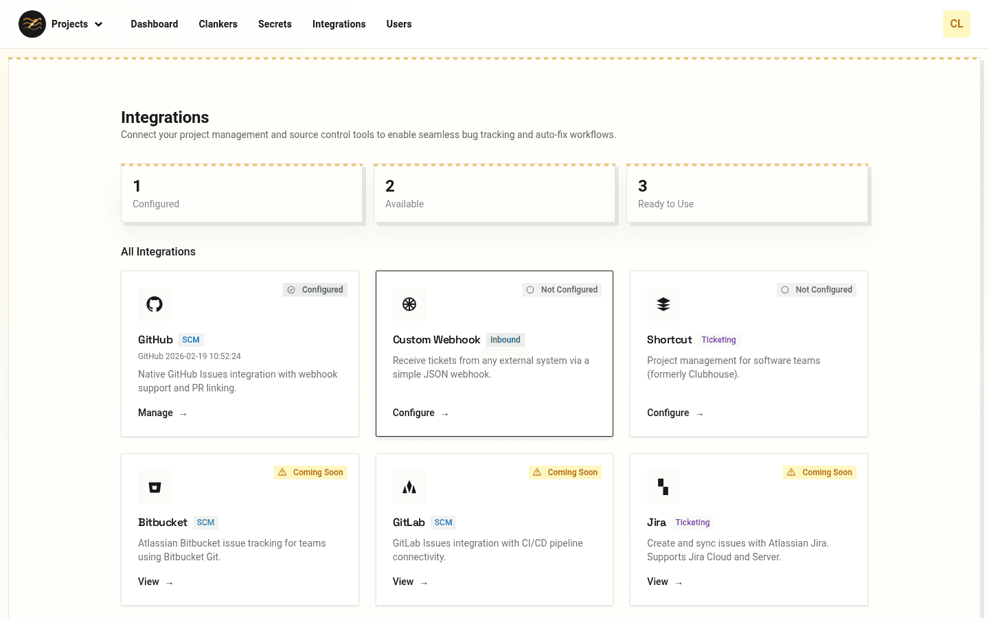Integrations settings showing GitHub, Shortcut, Jira, Linear, GitLab and more