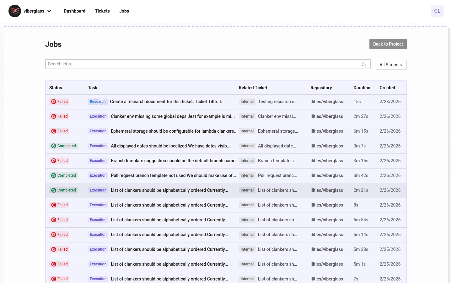 Jobs list showing agent execution history with status and timing