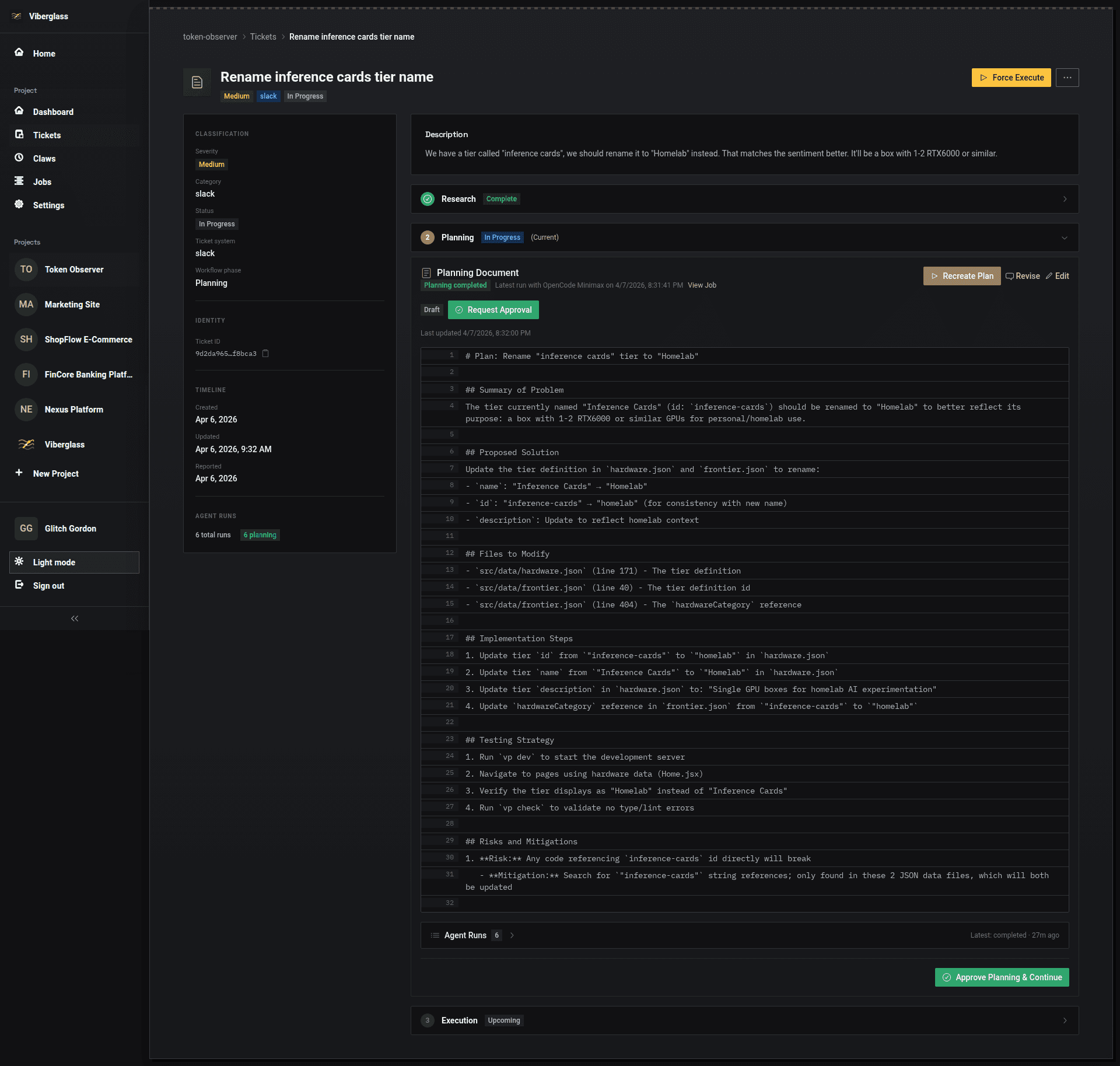 Ticket detail page showing agent progress, plan, and pull request status