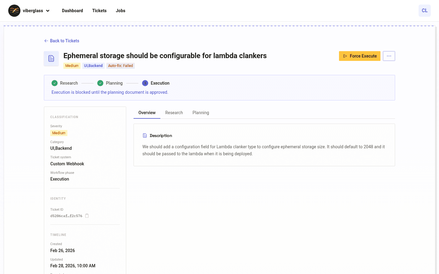 Ticket detail with three-phase workflow