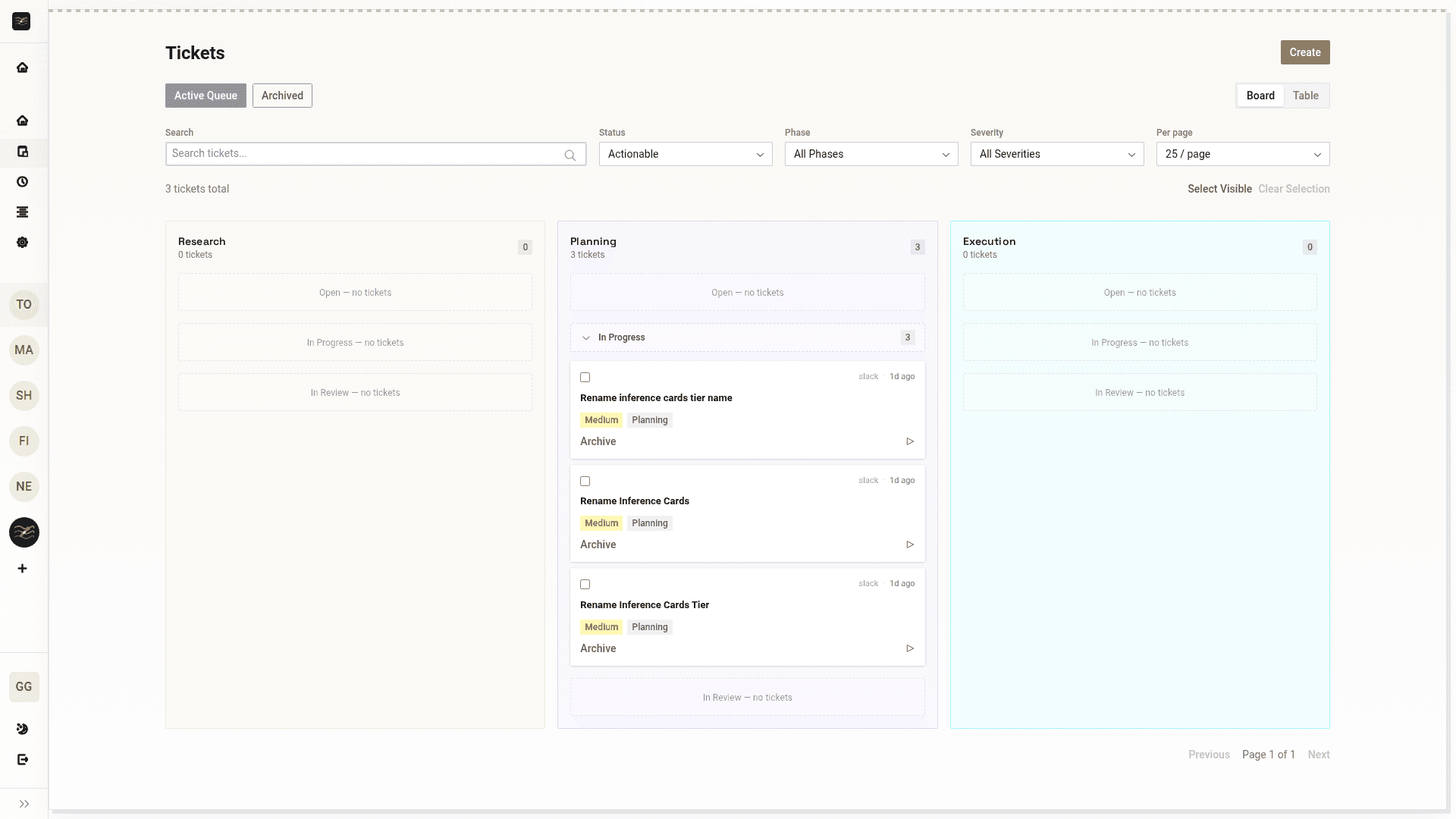 Viberglass ticket list showing tickets across multiple repositories