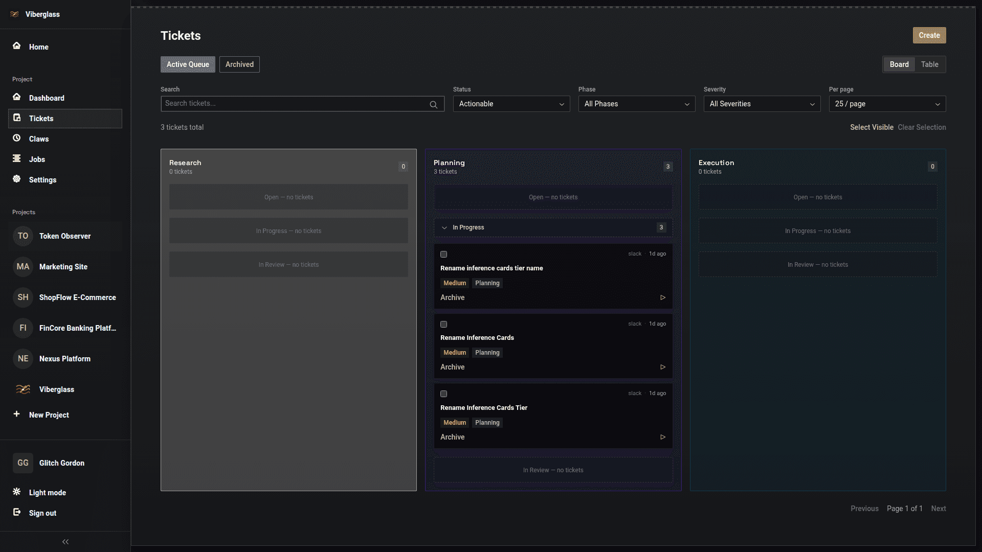 Viberglass ticket list showing tickets across multiple repositories