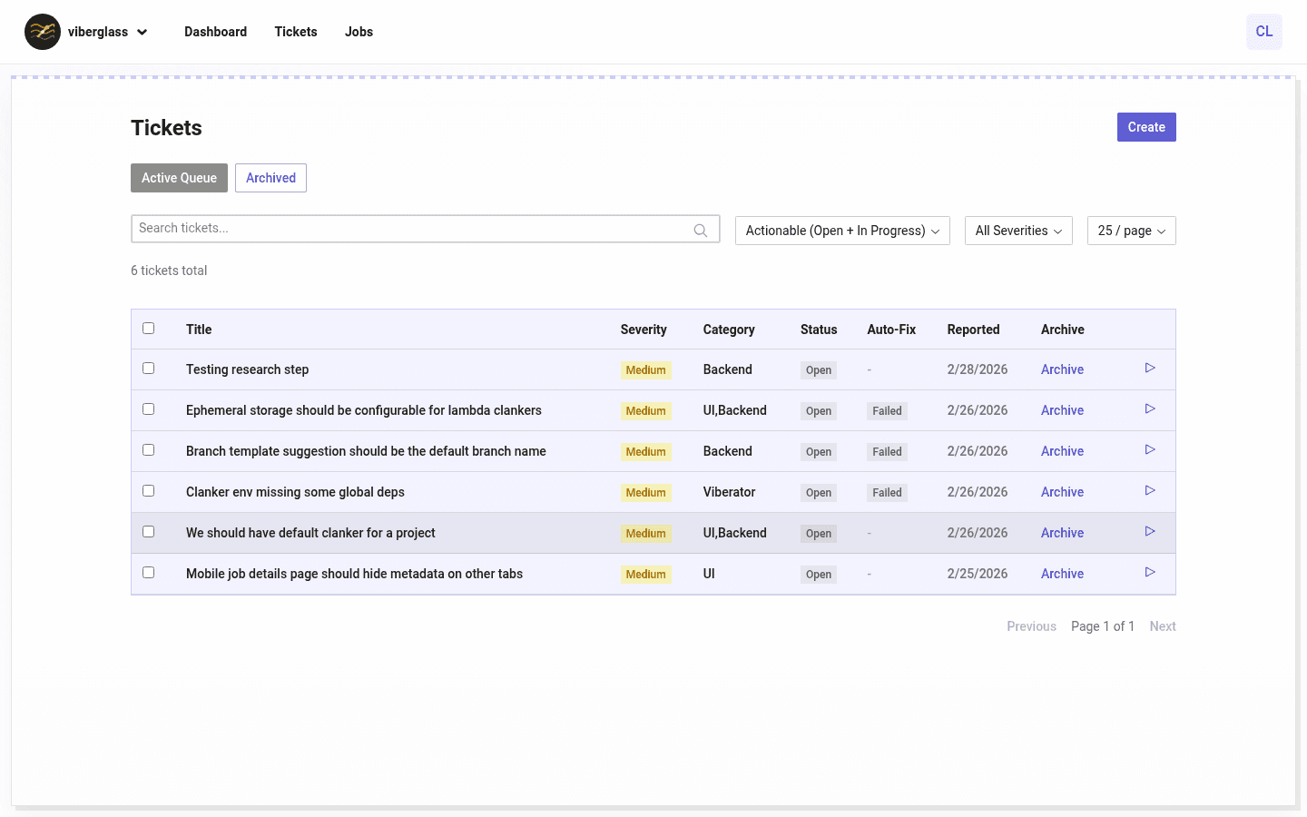 Viberglass ticket list showing tickets across multiple repositories