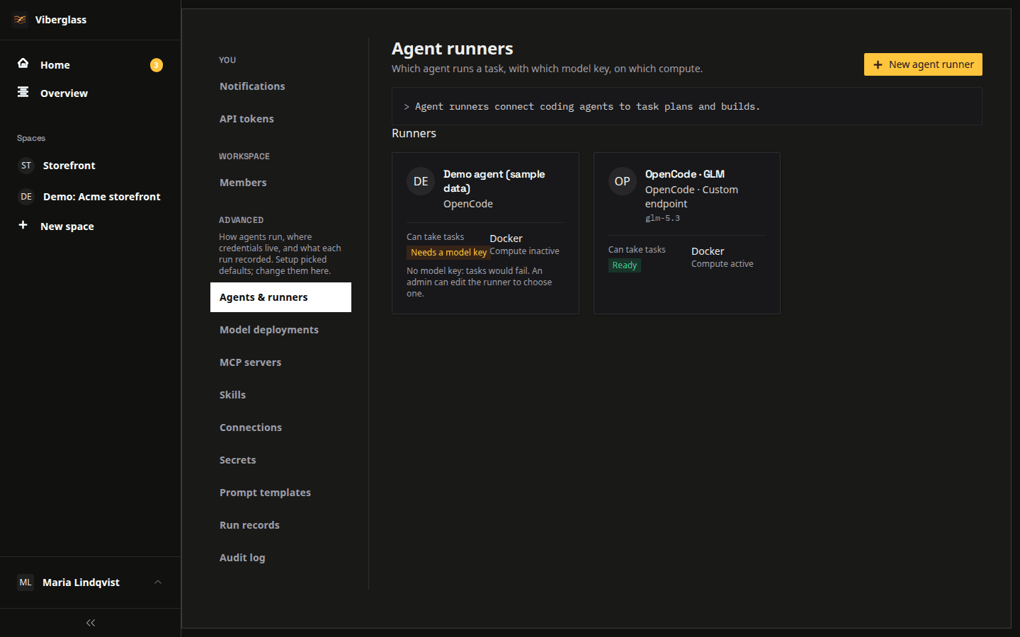 Agents and runners settings, listing agents with their harness, model and compute