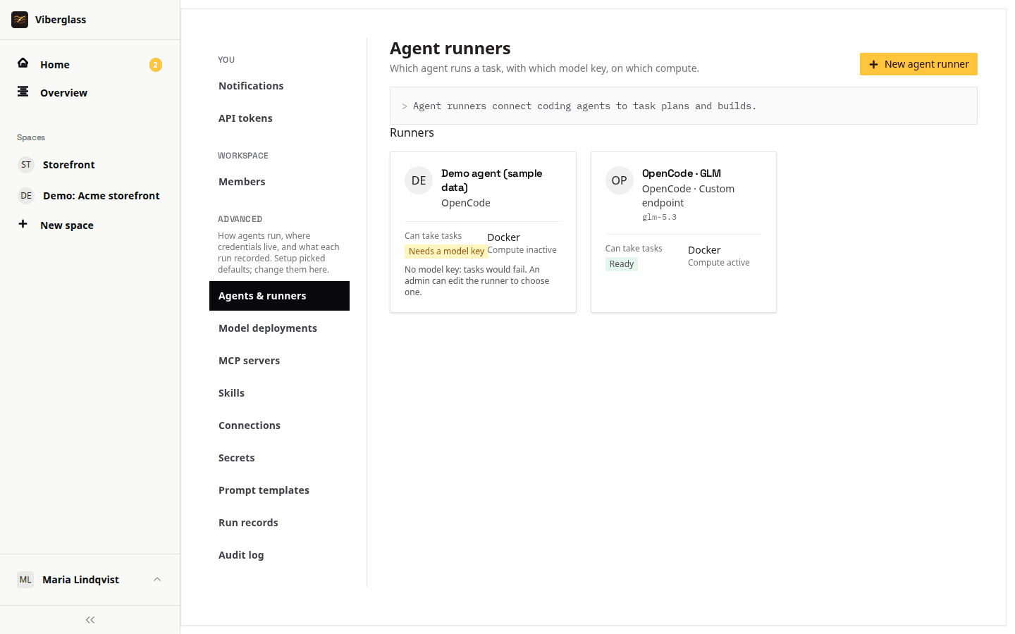 Agents and runners settings, listing agents with their harness, model and compute