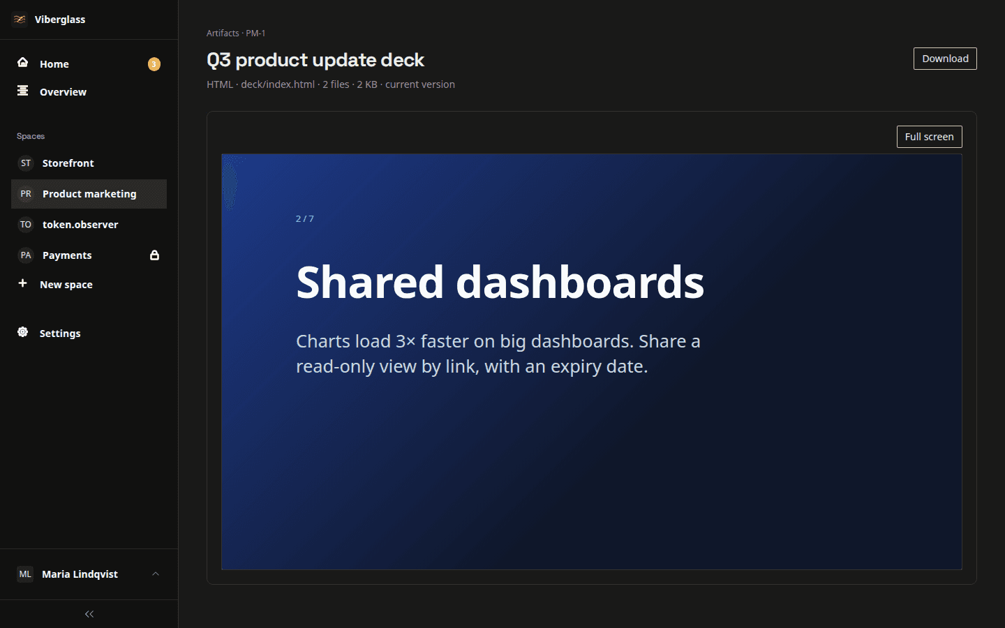 A presentation created in Viberglass, open in the artifact preview with full-screen and download controls