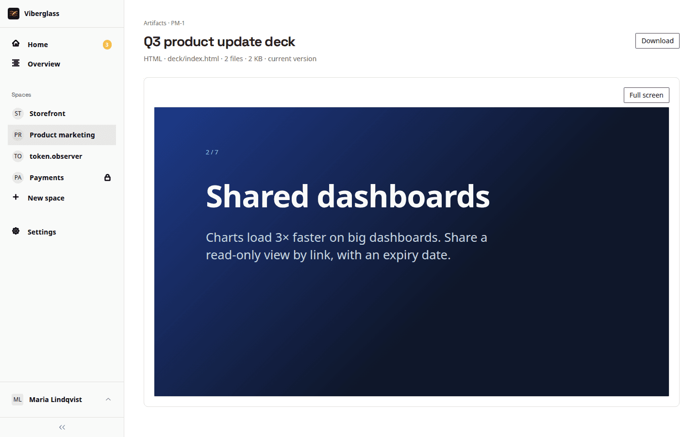 A presentation created in Viberglass, open in the artifact preview with full-screen and download controls