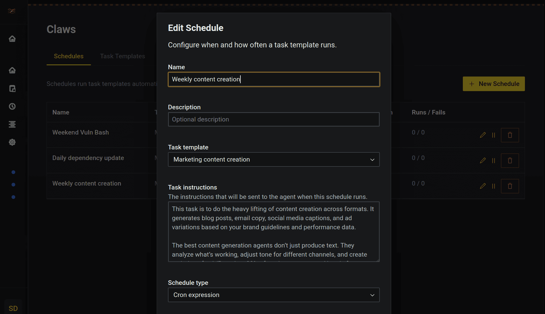 Scheduled tasks page showing an open form