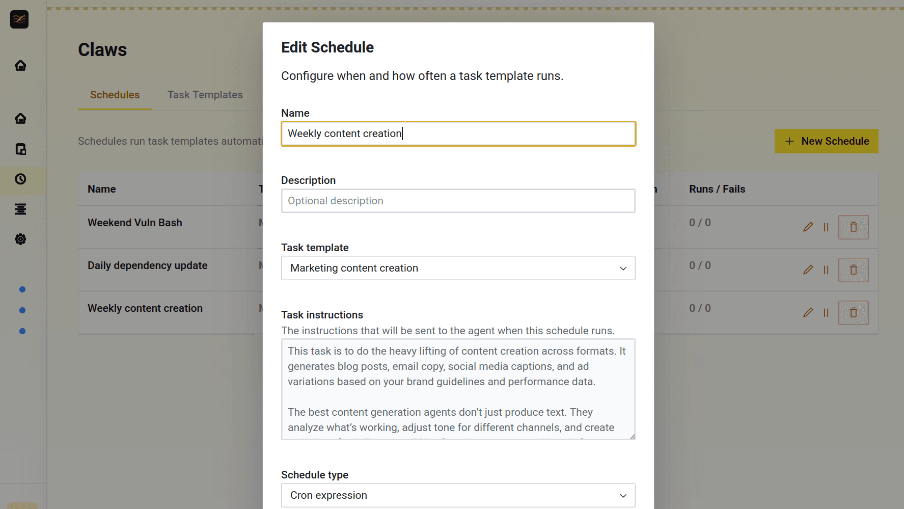 Schedules page with a recurring agent task