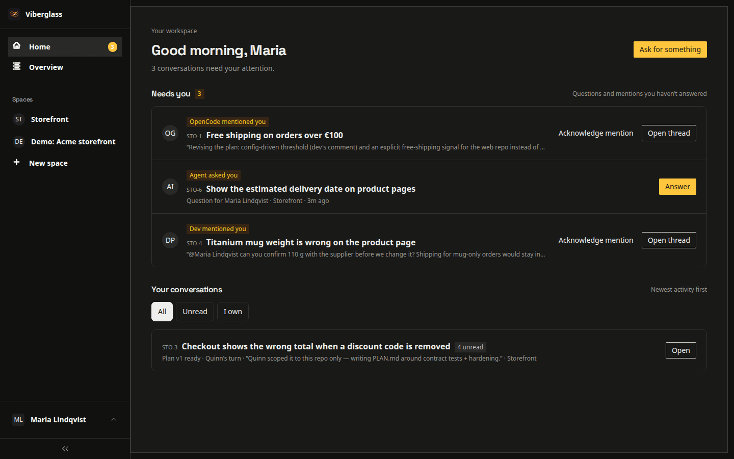 Home, listing an agent's question, a review request and a mention waiting for the user