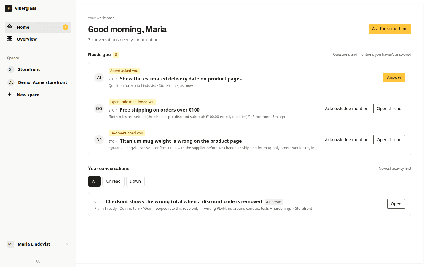 Home, listing an agent's question, a review request and a mention waiting for the user