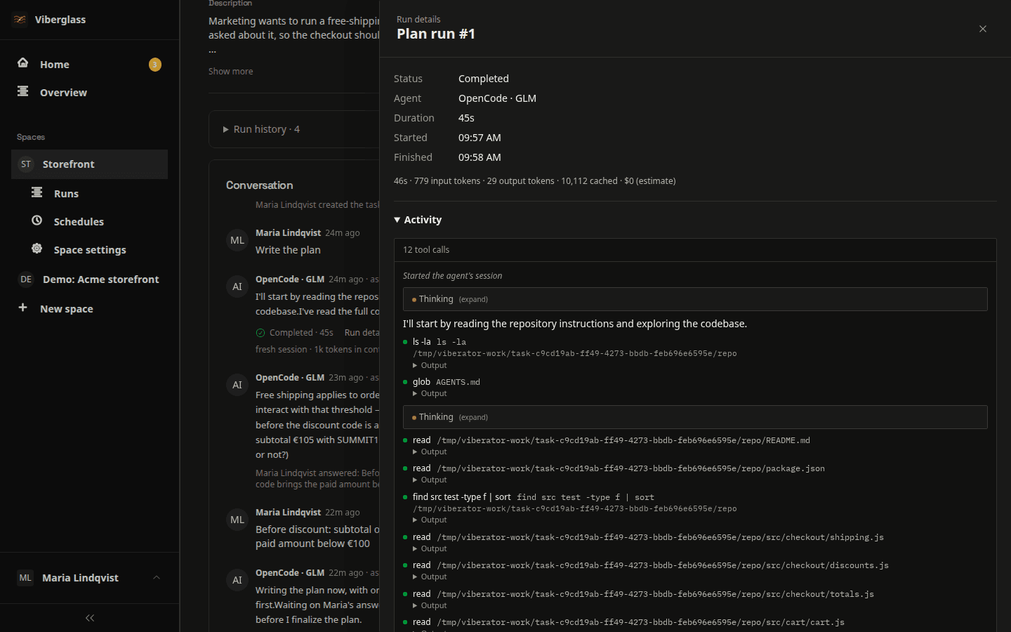Run details: the agent's activity step by step, with its tool calls