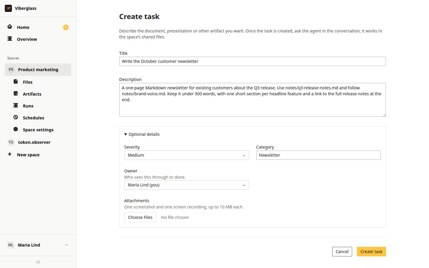 The Create task form with a title, a description and the optional details open