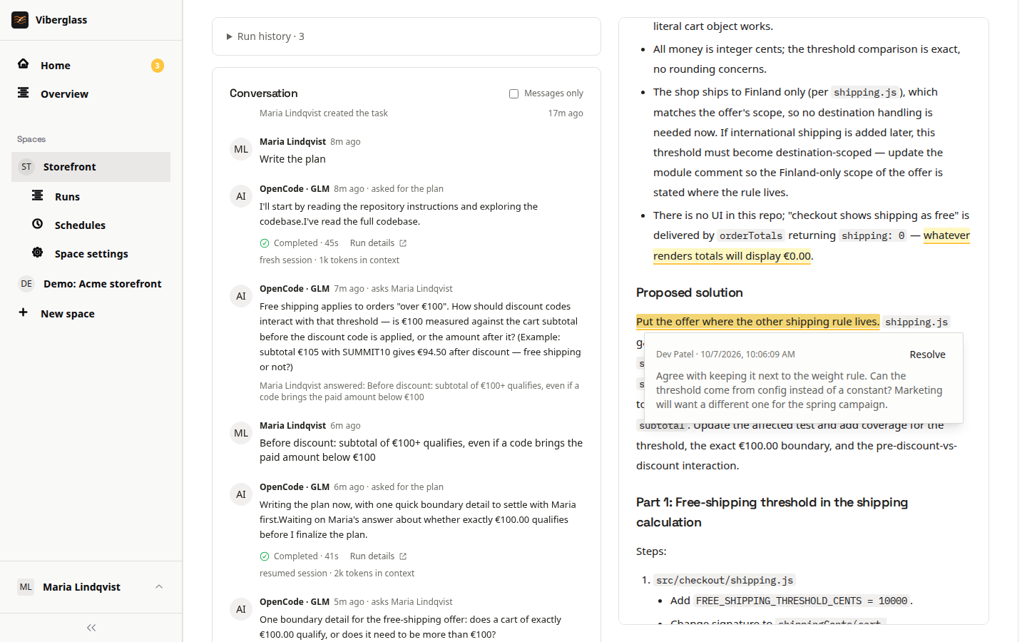 A task page: the conversation on the left, the plan with a comment on the right